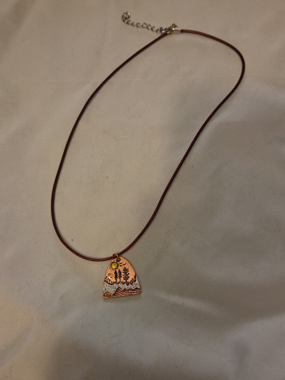 Handcrafted Copper Pendant Necklace in Copper with Brown Cord